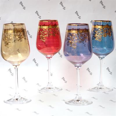 Bohemia Crystal Altın Fırça Desenli Renkli 6 Kişilik Sofra Boy Kadeh Takımı