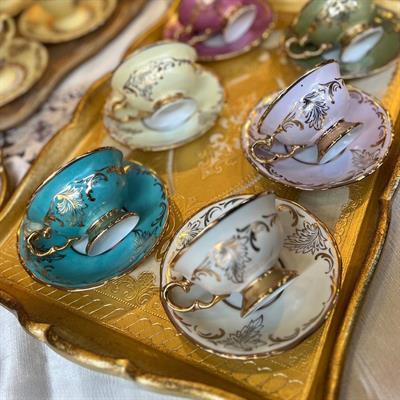 Çiçek Desenli Gold Detaylı El Boyama 6 Kişilik Çay Fincan Takımı