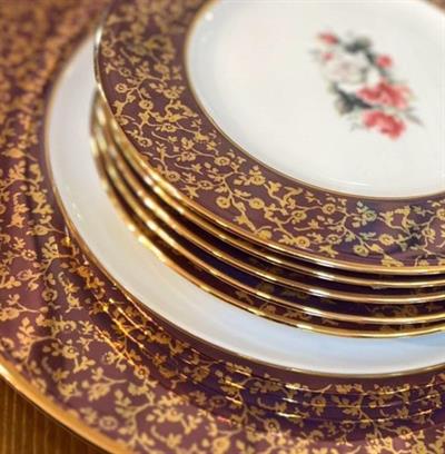 Gold Desenli El Dekor 5 Kişilik Tatlı Tabağı + 1 servis tabağı Takımı