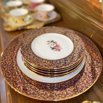 Gold Desenli El Dekor 5 Kişilik Tatlı Tabağı + 1 servis tabağı Takımı