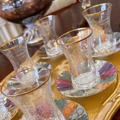 Petek Desen Renkli Gold El Boyama 6 Kişilik Çay Tabağı Takımı