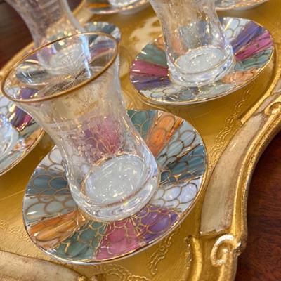 Petek Desen Renkli Gold El Boyama 6 Kişilik Çay Tabağı Takımı