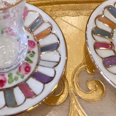 Çizgili Renkli Gold Detaylı El Boyama 6 Kişilik Çay Tabağı Takımı