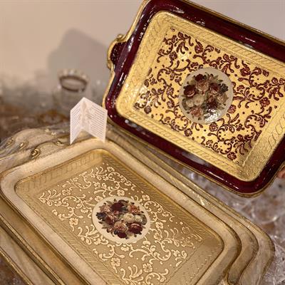 L & M Florence Art Çiçek Desenli Gold İthal Gül Ağacı Tepsi 4-5 Kişilik