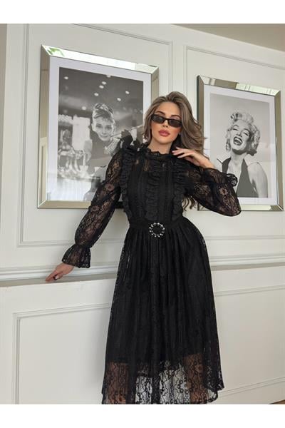 Kadın Dantel Ve Krep Kumaş Taş Aksesuar Broşlu Kuşak İçi Astarlı Maxi Tasarım Elbise