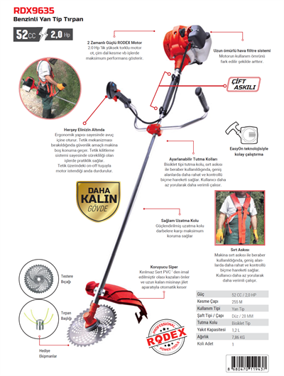 Rodex RDX9635 52cc Benzinli Yan Tırpan
