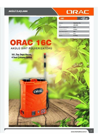 ORAC İLAÇLAMA POMPASI AKÜLÜ 16 Lt	