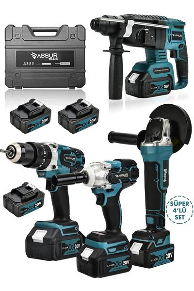 Assur Plus Profesyonel Şarjlı Darbeli 4Lü Set 2-26 Hilti - 125mm Taşlama - 13mm Darbeli Matkap - 450Nm Somun Sıkma