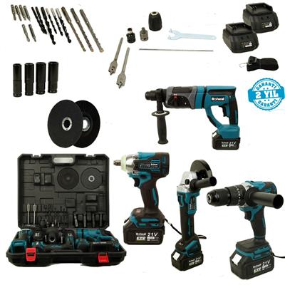 Rolwal-Şarjlı Hilti-Şarjlı Taşlama-Şarjlı Vidalama-Şarjlı Somun Sıkma 4 Lü Set 21 V 4,0 Ah