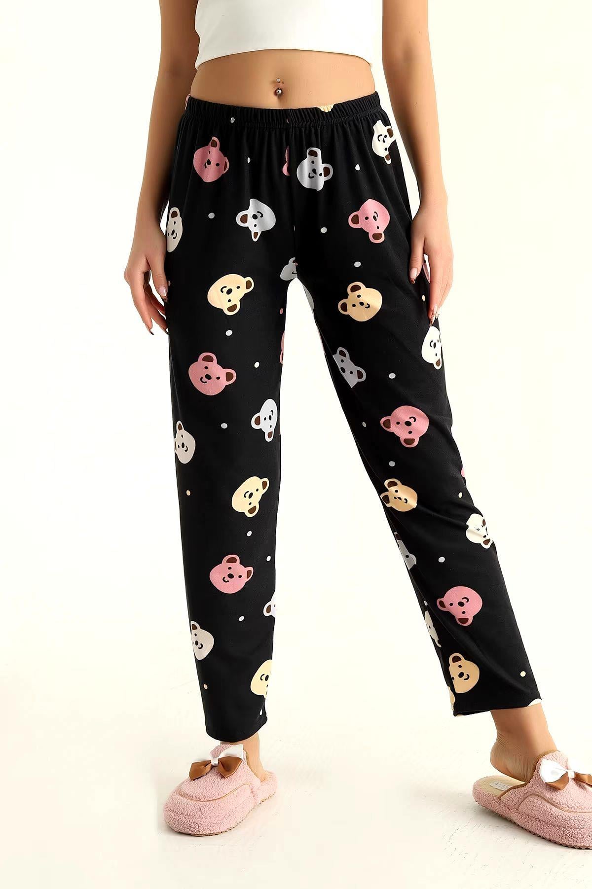 Ayıcık Ve Nokta Desenli Pijama Altı Süet Siyah