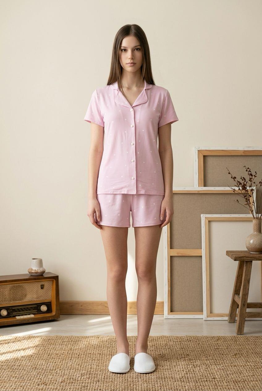 Düğmeli Şortlu Pijama Takımı Küçük Kalp Pembe