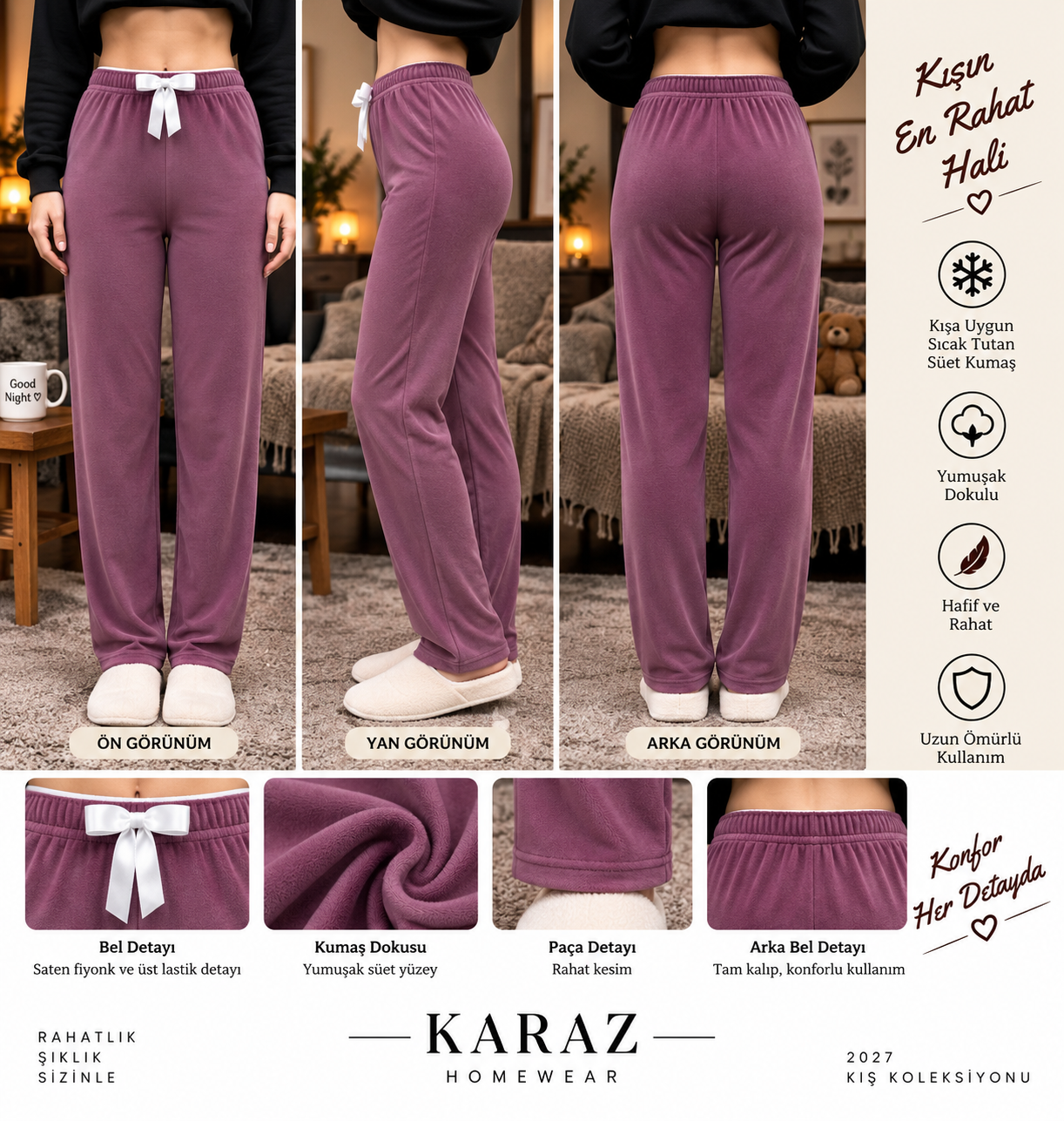 Kadife Tek Alt Pijama Gül Kurusu