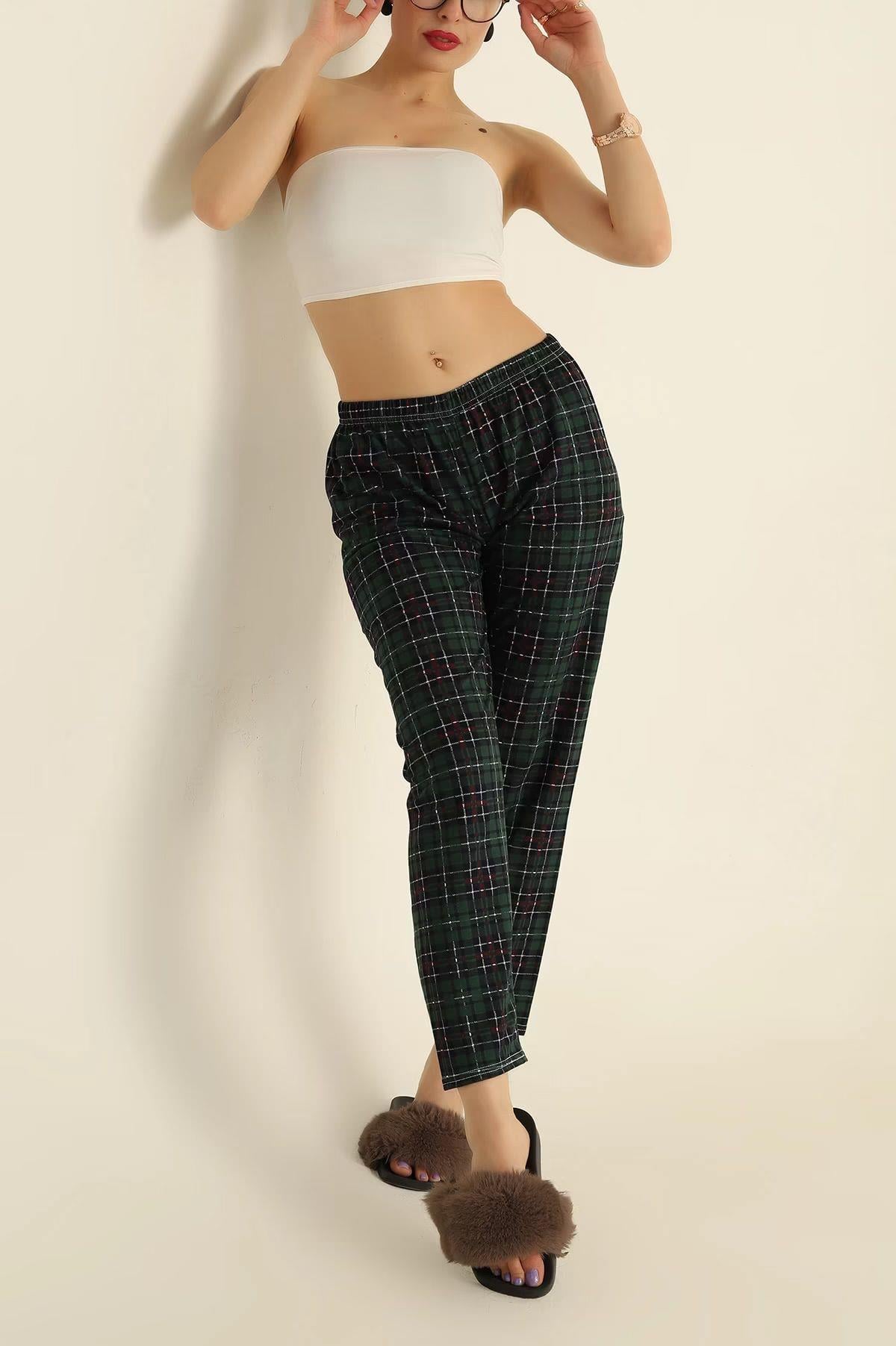 Küçük Kare Desenli Pijama Altı Süet  Bordo