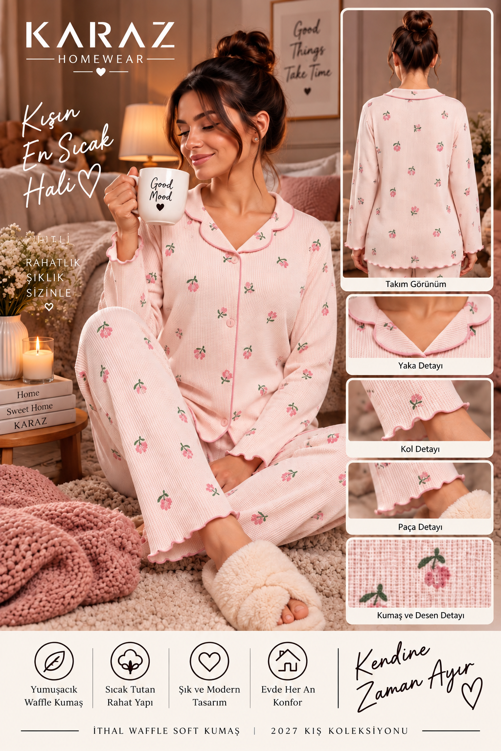 Waffle Pijama Takımı Düğmeli Gül Desen
