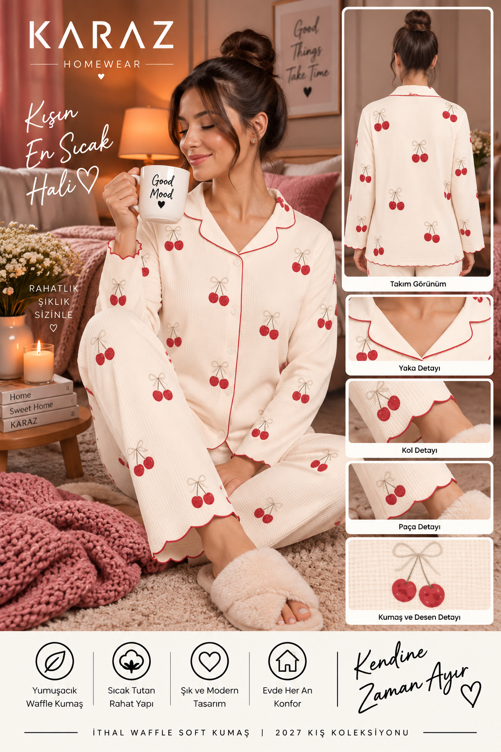 Waffle Pijama Takımı Düğmeli Kiraz Desen