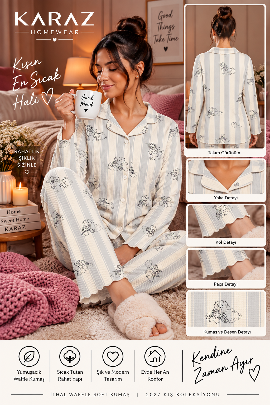 Waffle Pijama Takımı Düğmeli Şeritli Küçük Ayıcık