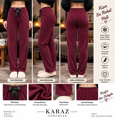 Kadife Tek Alt Pijama Bordo
