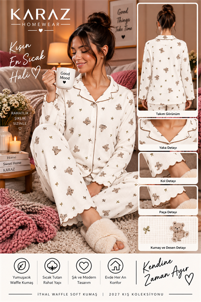 Waffle Pijama Takımı Düğmeli Ayıcık Desen Küçük Fiyonklu