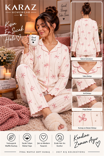Waffle Pijama Takımı Düğmeli Fiyonk Desen Çizgili