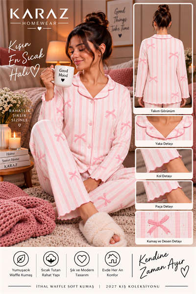 Waffle Pijama Takımı Düğmeli  Fiyonk Desen Pembe Çizgili