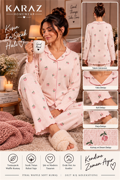 Waffle Pijama Takımı Düğmeli Gül Desen