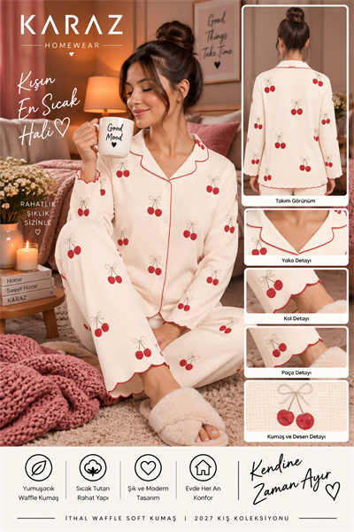 Waffle Pijama Takımı Düğmeli Kiraz Desen