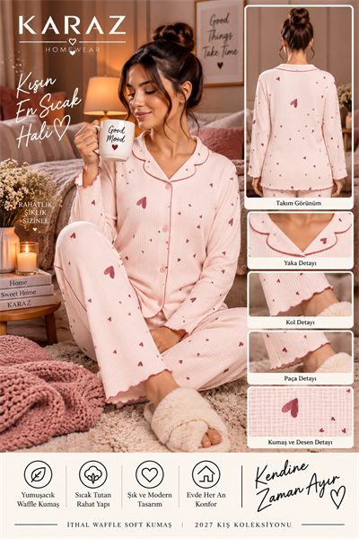 Waffle Pijama Takımı Düğmeli Kırmızı Kalp Desen