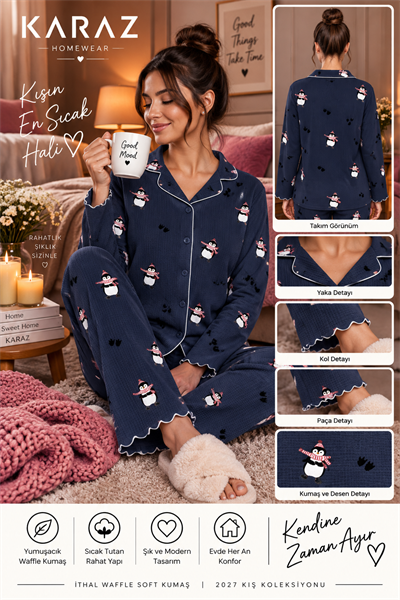 Waffle Pijama Takımı Düğmeli Penguen Desen