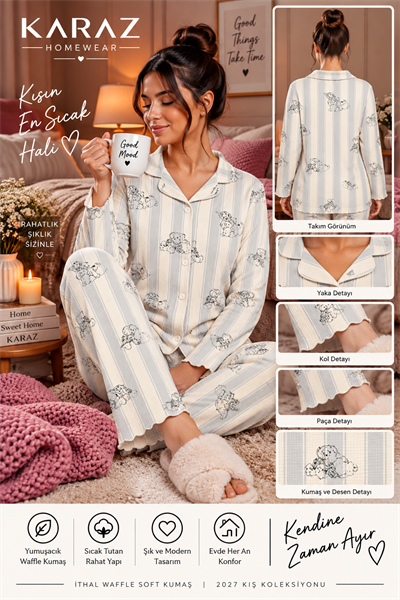 Waffle Pijama Takımı Düğmeli Şeritli Küçük Ayıcık