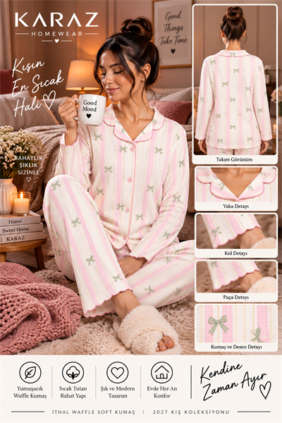 Waffle Pijama Takımı Düğmeli Yeşil Fiyonk Şeritli Desen