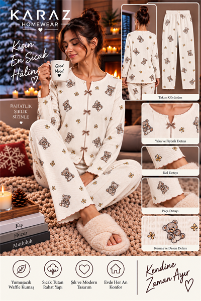 Waffle Pijama Takımı Fiyonklu Ayıcık Fiyonklu
