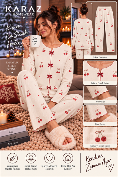 Waffle Pijama Takımı Fiyonklu Kiraz Desen