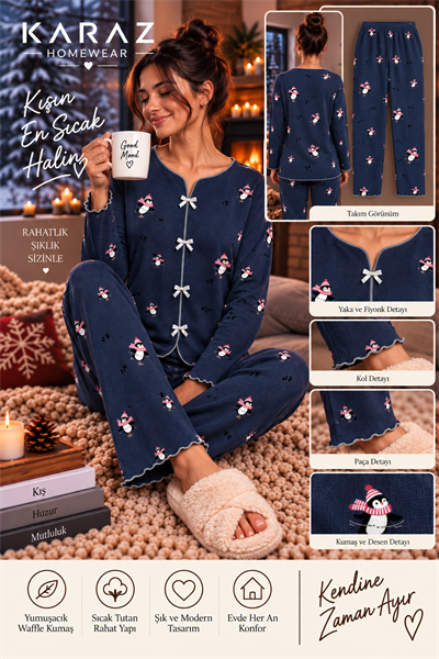 Waffle Pijama Takımı Fiyonklu  Penguen Desen