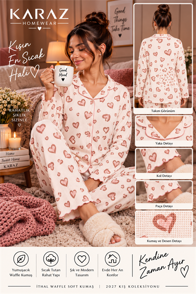 Waffle Pijama Takımı Kalp Desen Leopar