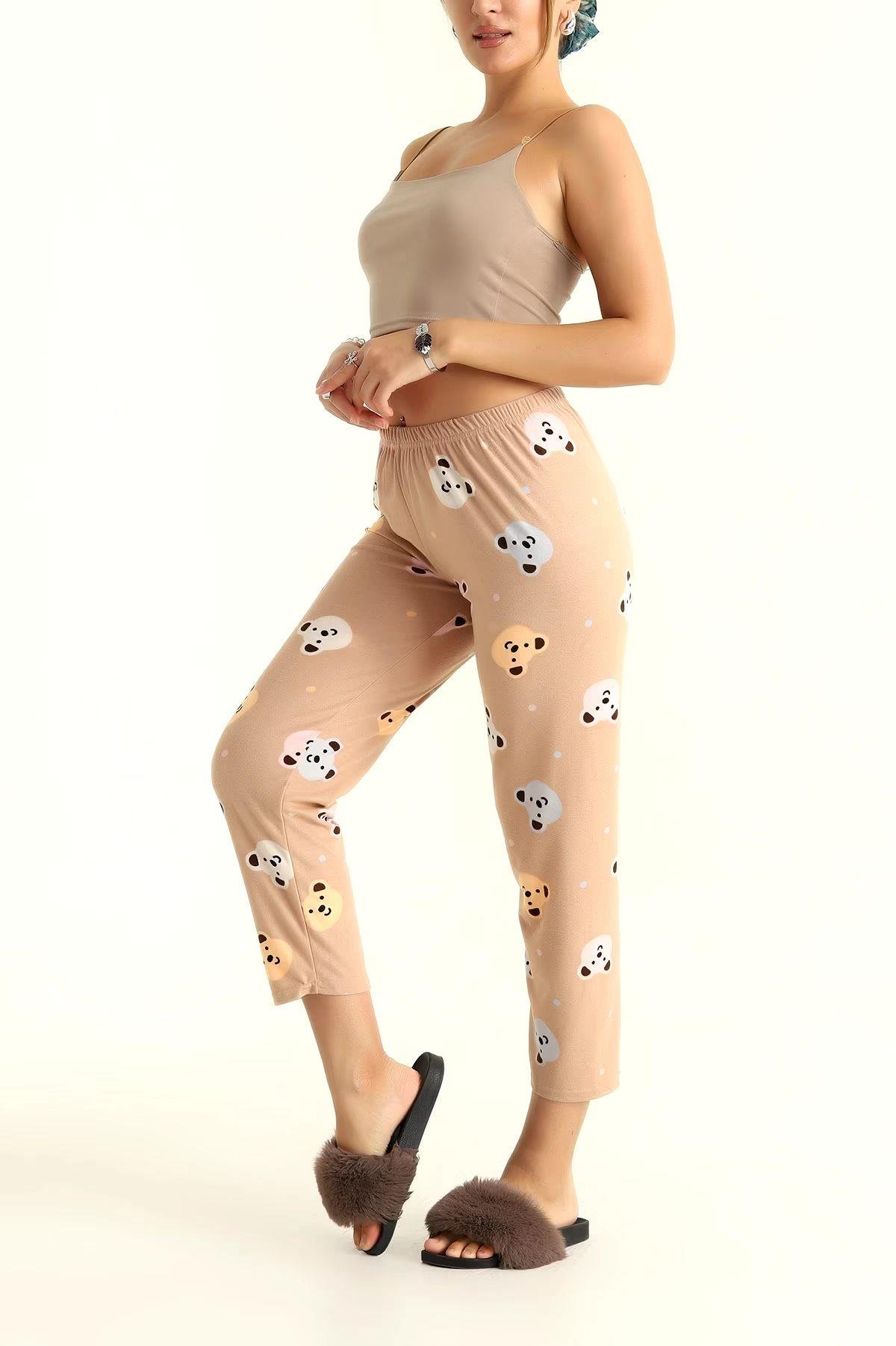 Ayıcık Ve Nokta Desenli Pijama Altı Süet Bej