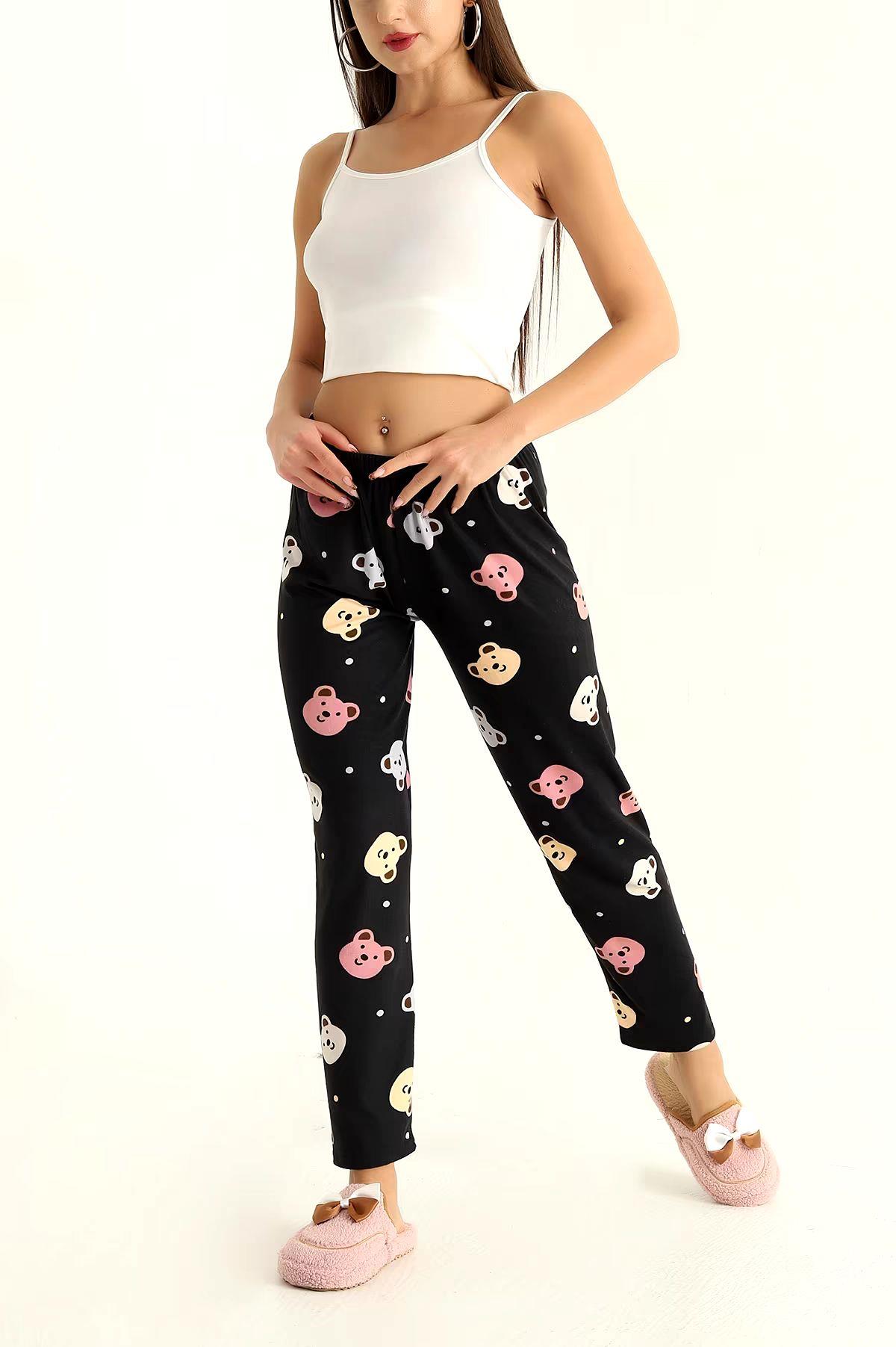 Ayıcık Ve Nokta Desenli Pijama Altı Süet Siyah
