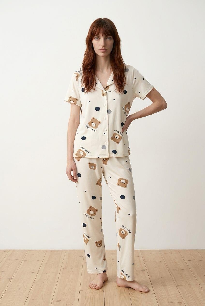 Düğmeli Pijama Takımı Büyük Ayıcık Bej