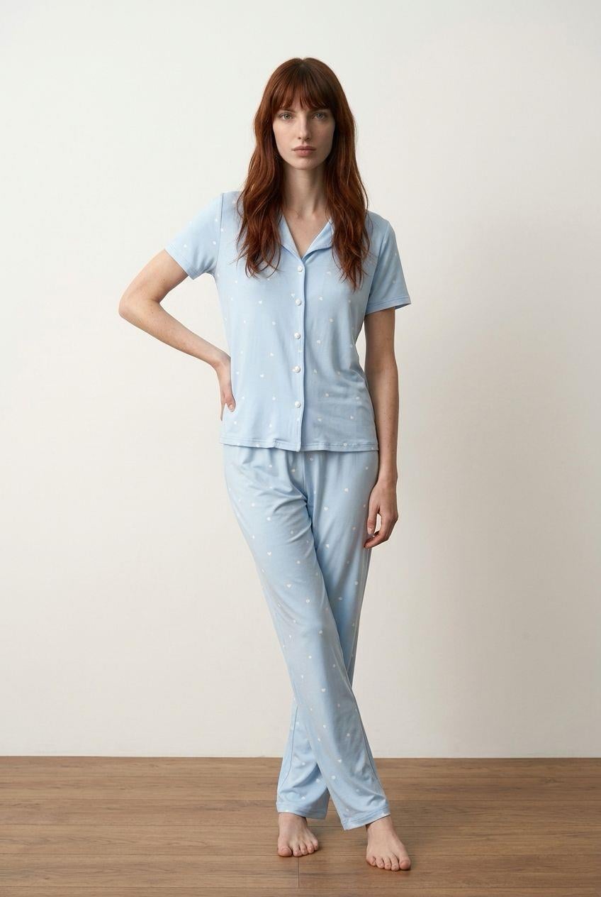 Düğmeli Pijama Takımı Küçük Kalp Mavi