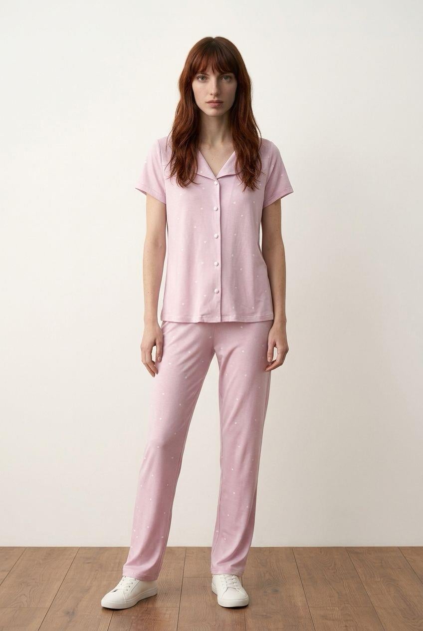 Düğmeli Pijama Takımı Küçük Kalp Pembe
