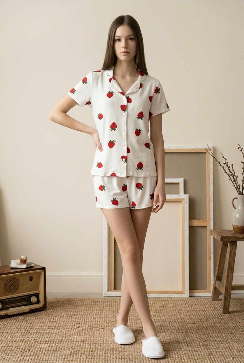 Düğmeli Şortlu Pijama Takımı Çilek Kırmızı