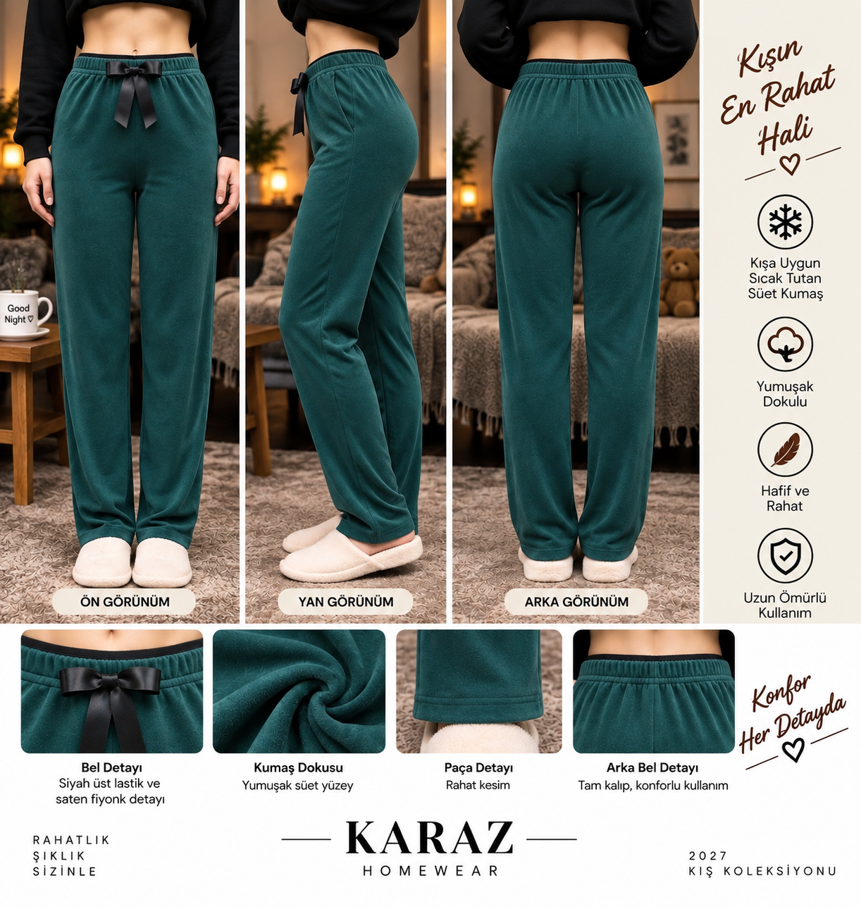 Kadife Tek Alt Pijama Zümrüt Yeşili
