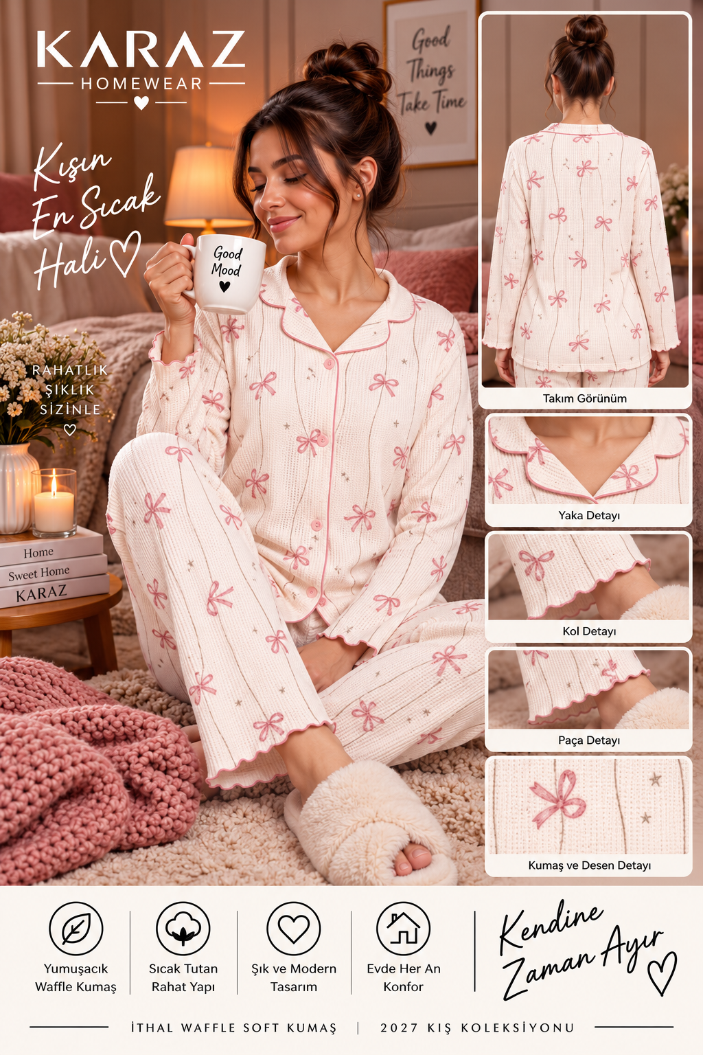 Waffle Pijama Takımı Düğmeli Fiyonk Desen Çizgili