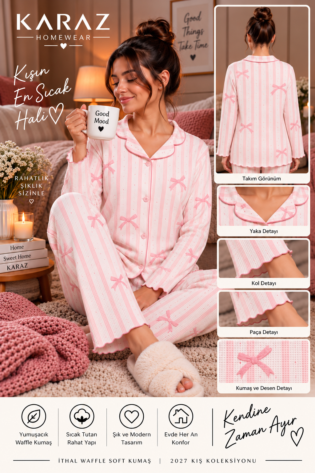 Waffle Pijama Takımı Düğmeli  Fiyonk Desen Pembe Çizgili