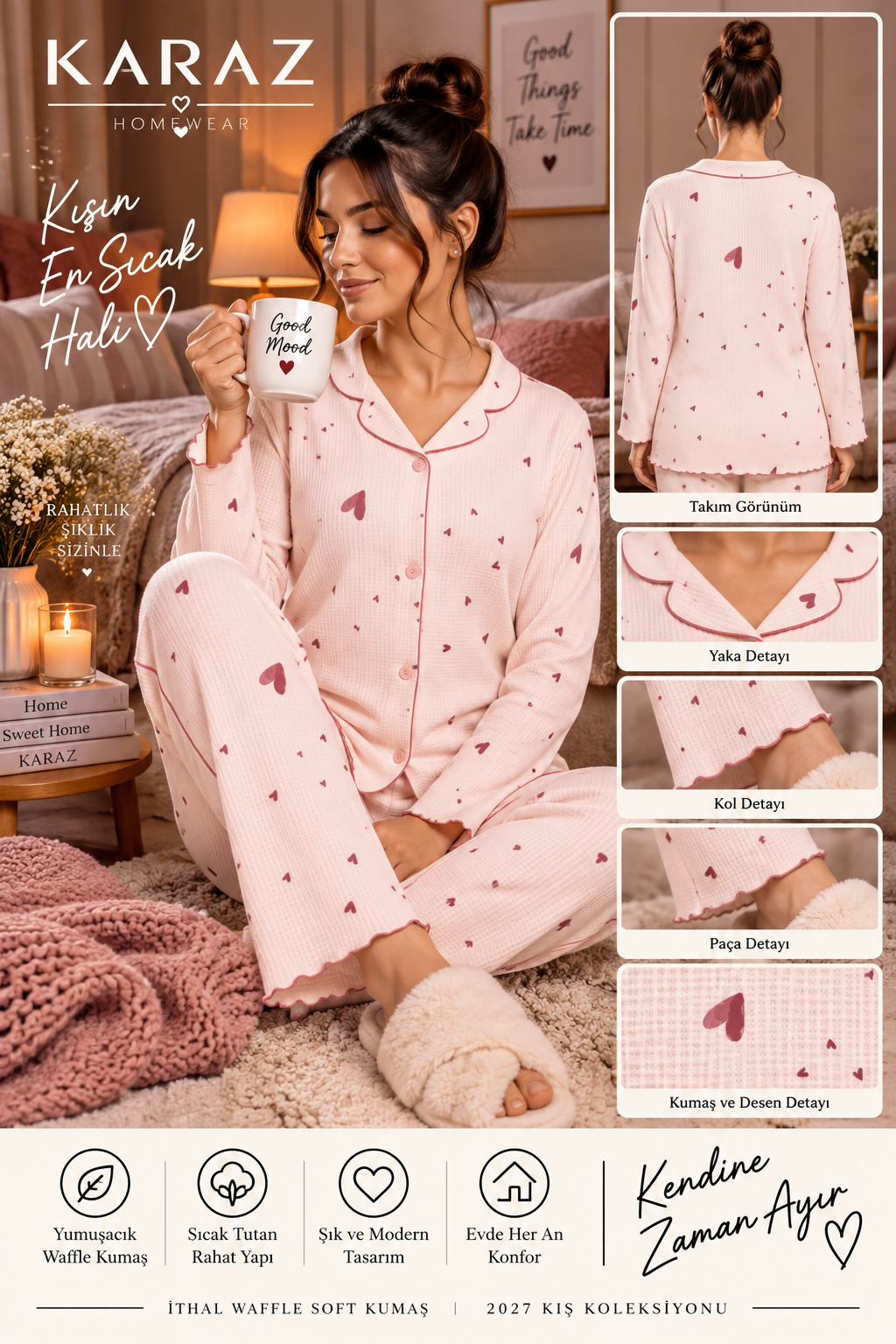 Waffle Pijama Takımı Düğmeli Kırmızı Kalp Desen