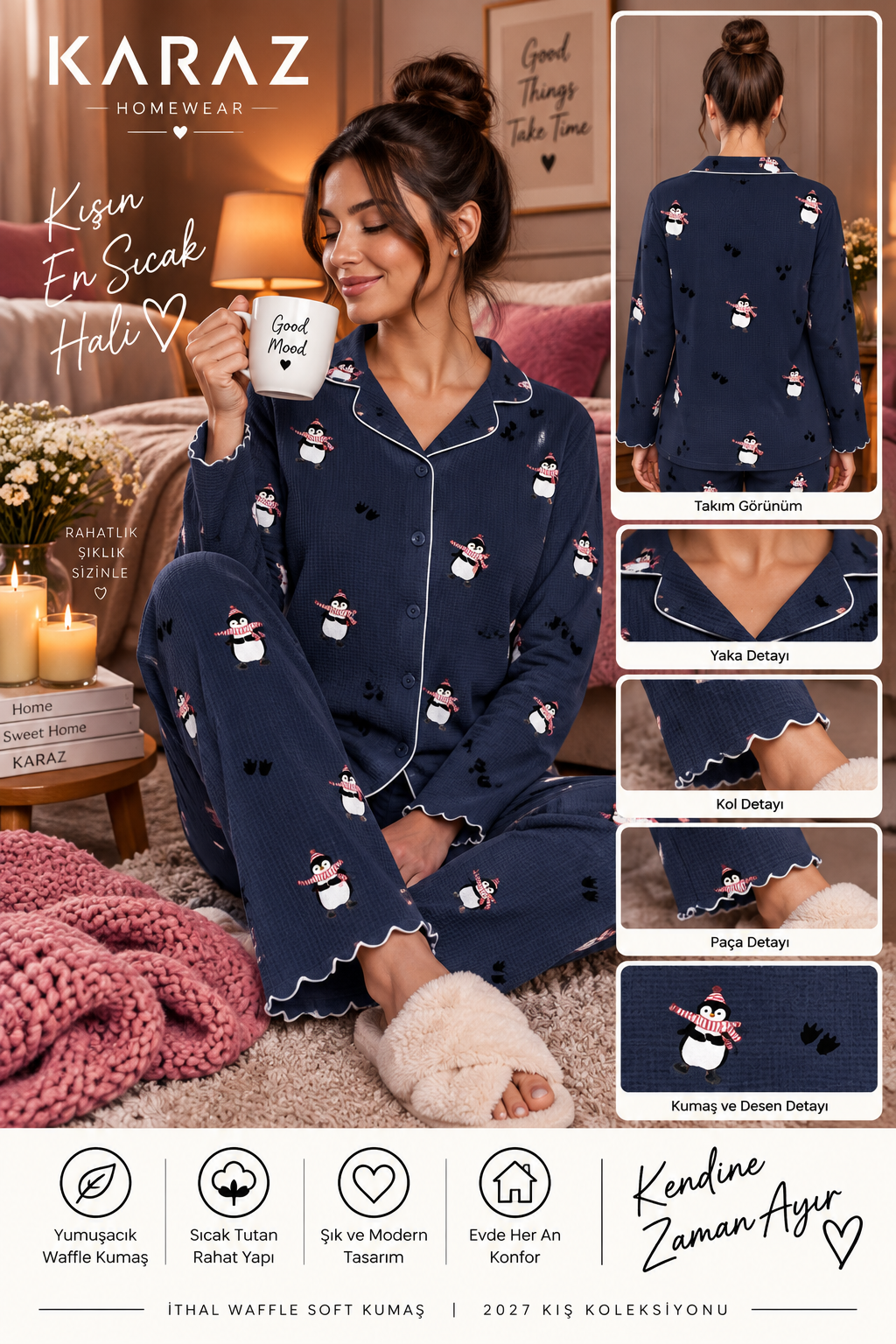 Waffle Pijama Takımı Düğmeli Penguen Desen