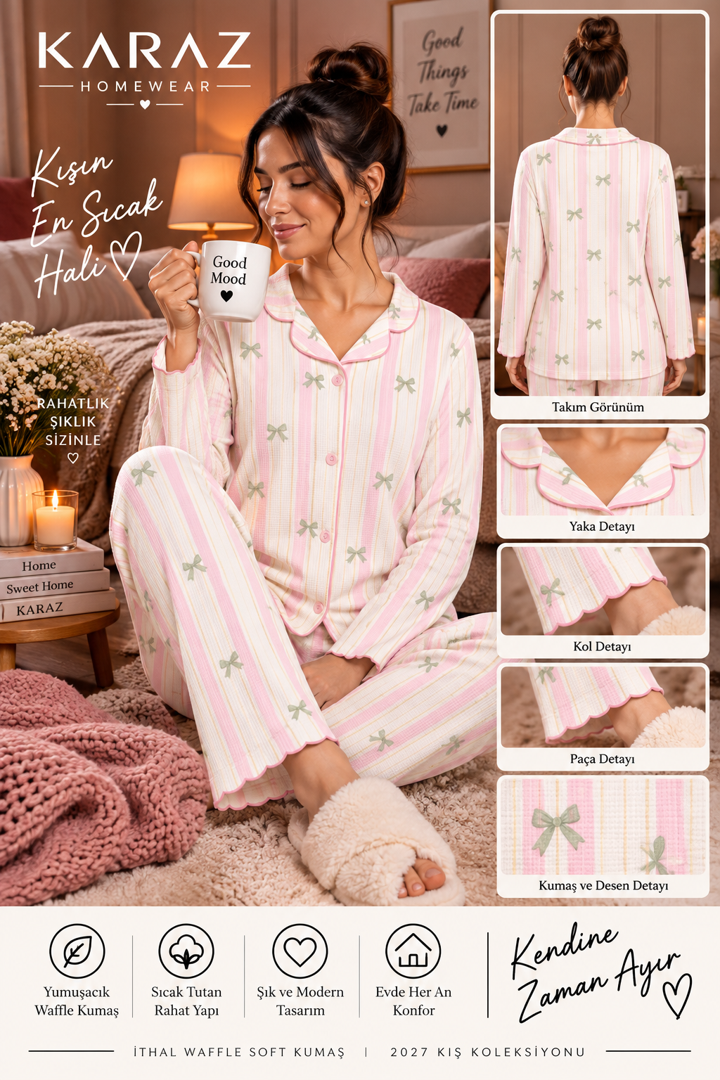 Waffle Pijama Takımı Düğmeli Yeşil Fiyonk Şeritli Desen