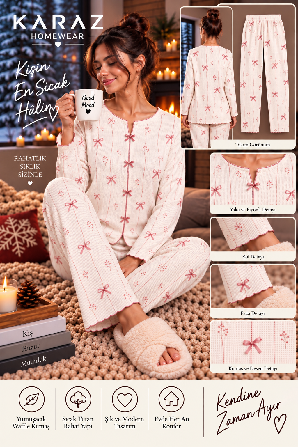 Waffle Pijama Takımı Fiyonk Aksesuarlı