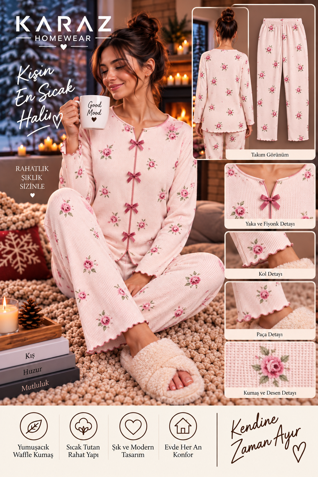 Waffle Pijama Takımı Fiyonklu Gül Desen