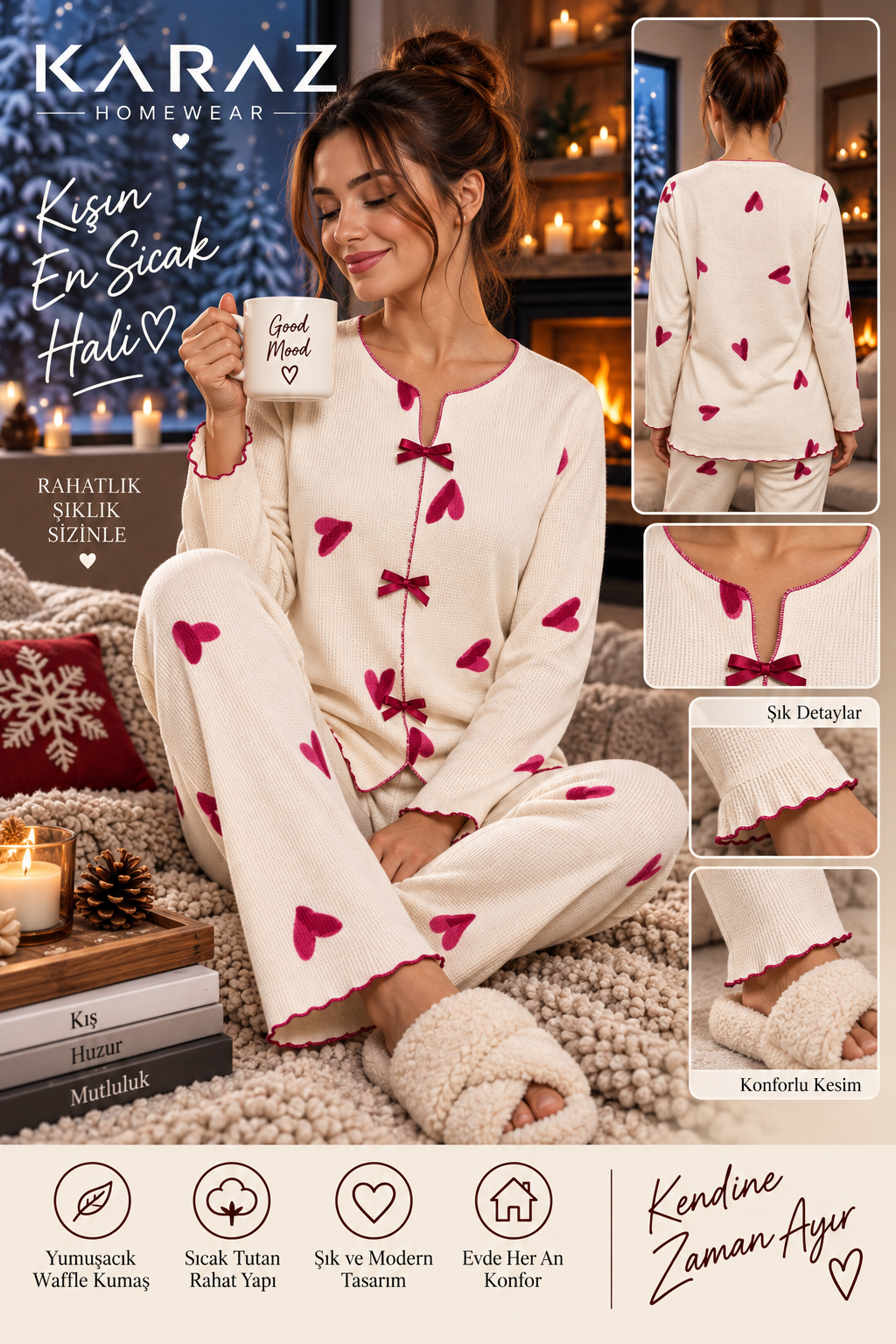 Waffle Pijama Takımı Fiyonklu Kalp Desen