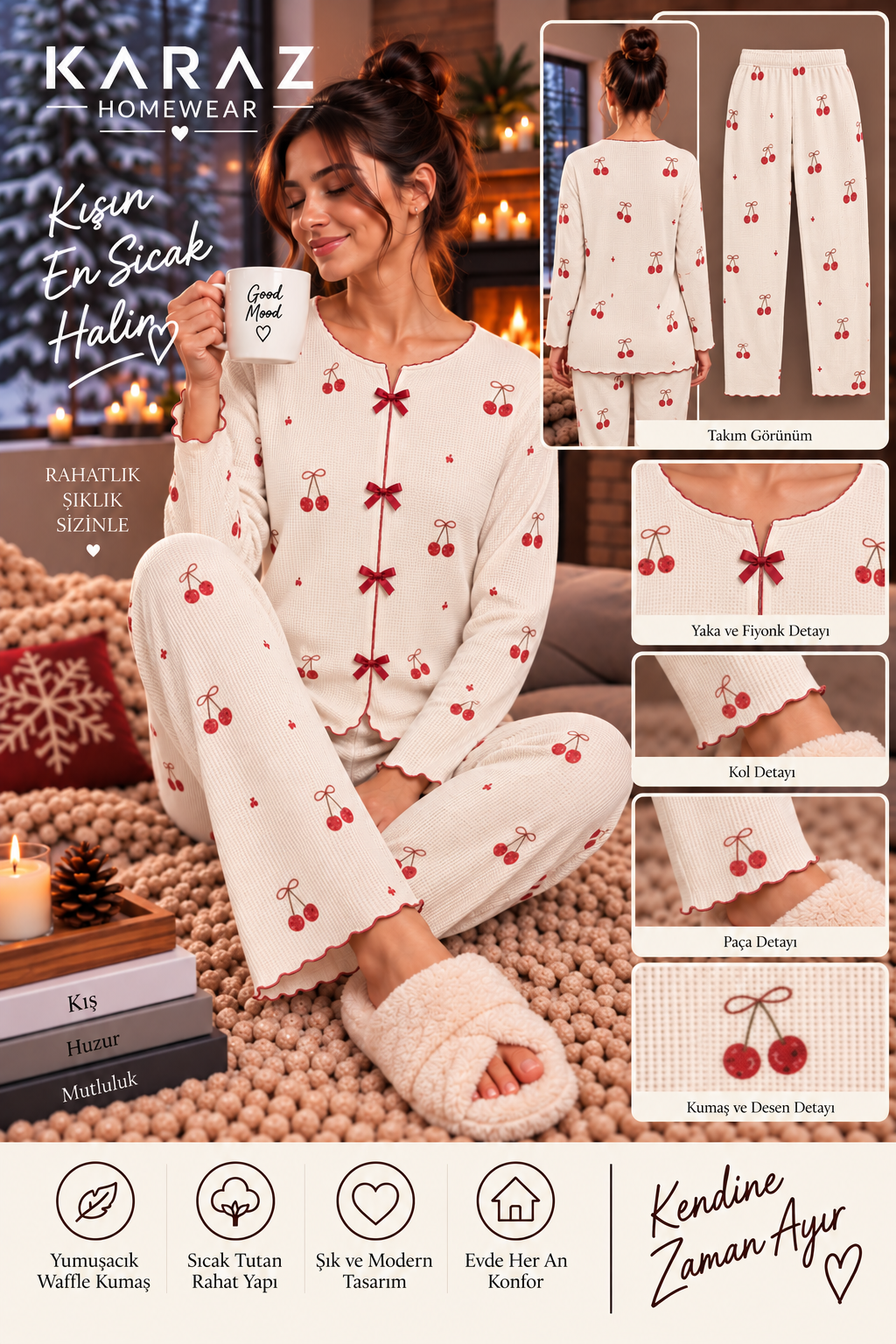 Waffle Pijama Takımı Fiyonklu Kiraz Desen